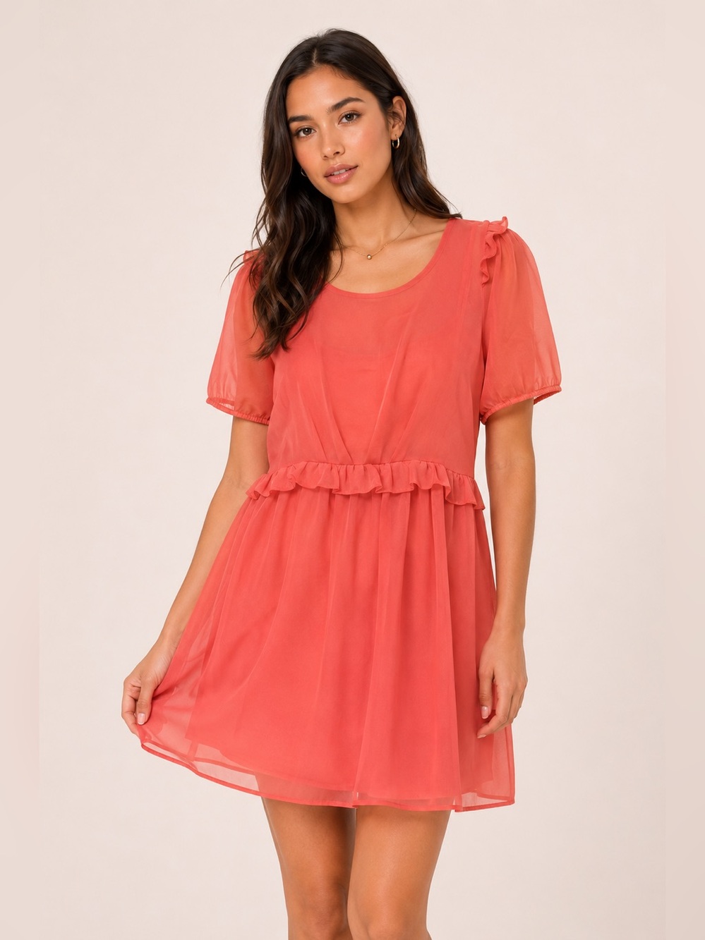 Hot & Delicious Coral Sheer Ruffle Dress Large
